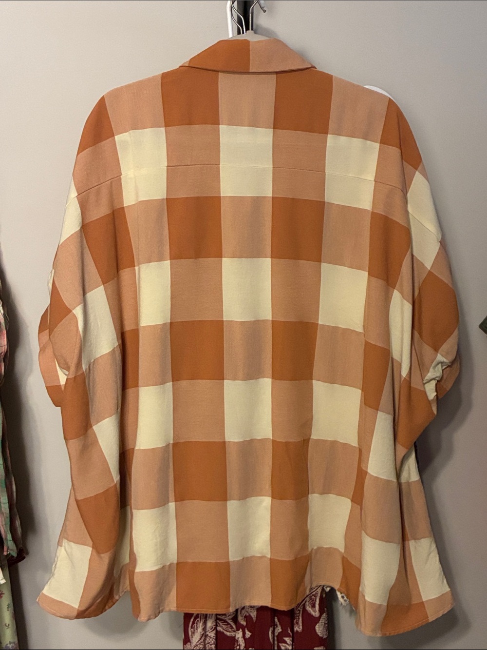 entro Plaid Check Button-Front Shirt in Cream & Brown Oversized Medium Large - Picture 3 of 7